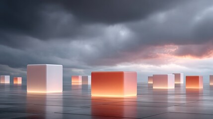 Abstract Cubes Glowing With Warm Light Stand On A Wet Reflective Surface Under A Dramatic Cloudy Sky At Dusk