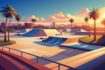 Vibrant skatepark at sunset with palm trees and cityscape