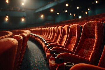 Vacant red chairs in a cinema hall for television streaming and film production branding