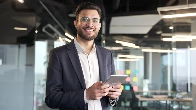 Portrait of smiling handsome businessman in formal suit using digital tablet standing at workplace in modern business office. Confident successful happy manager in glasses posing looking at camera