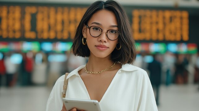 Young woman with glasses holding a tablet in an airport terminal with bright illuminated signs and travelers in the background during daytime
