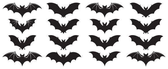 Collection of bat silhouettes vector illustration of flying bats in different positions isolated on white ba