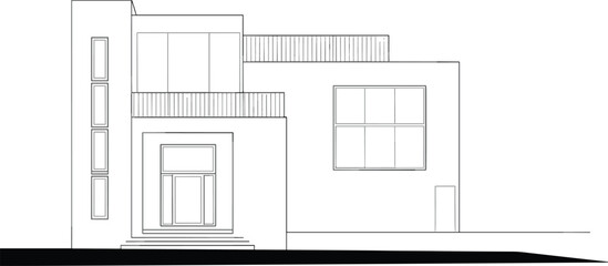 Modern two story building elevation vector illustration, architectural front facade with balcony, tall windows, flat roof, entrance steps, minimalist design, professional blueprint