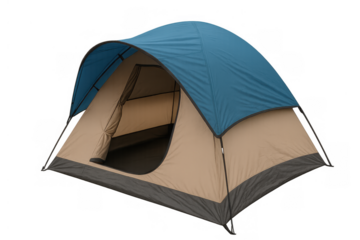 Camping tent with blue rainfly and open entrance on transparent background, ready for outdoor adventure and leisure travel