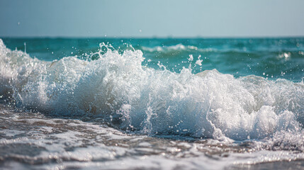 Fototapeta premium A vibrant ocean wave crashes on the shore, creating a frothy spray against the serene backdrop of turquoise waters and a clear sky.