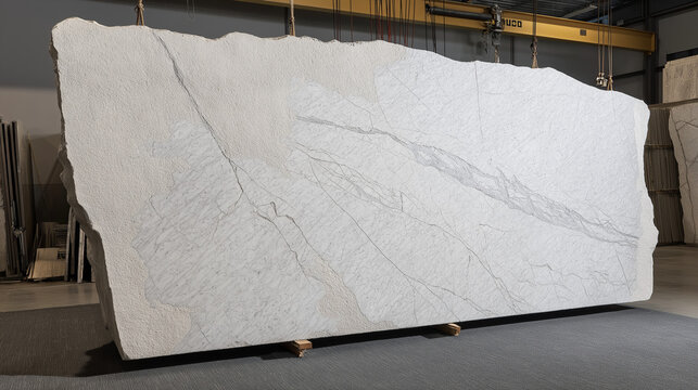 slab. Large cut slab of Carrara marble showing intricate grey veins and texture. safety posters, maintenance manuals, designed for precision metalworking and fabrication facilities.