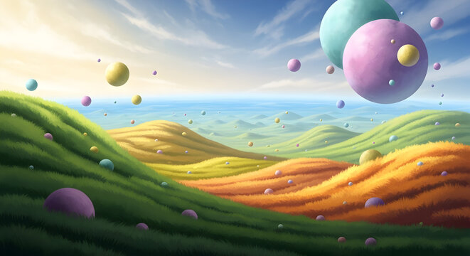Whimsical fantasy landscape with colorful floating orbs
