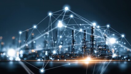 Abstract image depicts interconnected network overlaying an industrial cityscape at night - Powered by Adobe