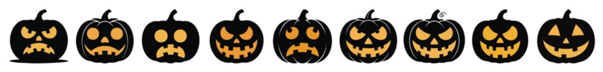 Set of Halloween pumpkin icons carved faces with different expressions vector illustration for holiday desi