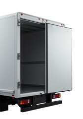 White modern delivery box truck's rear, open doors revealing empty cargo, high-gloss exterior, metallic hinges, on transparent, dramatic low-angle macro shot, concept of pristine industrial design and