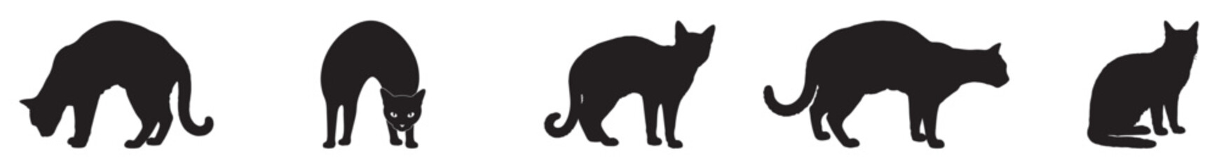 Set of black cat silhouettes vector illustrations of feline poses isolated on white background