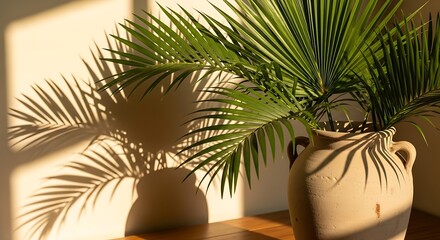 Palm leaves in sunlit vase.