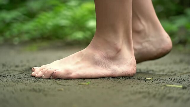 Barefoot woman walking on muddy ground in nature Close-up of female feet touching wet earth feeling the natural texture outdoors Experience freedom 