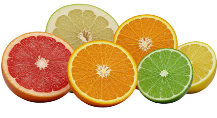 Fototapeta premium Five vibrant, freshly cut citrus halves (grapefruit, pomelo, orange, lime, lemon) in a photorealistic macro shot, glistening with juice on transparent. Concept of fresh vitality and sensory appeal