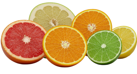 Five vibrant, freshly cut citrus halves (grapefruit, pomelo, orange, lime, lemon) in a photorealistic macro shot, glistening with juice on transparent. Concept of fresh vitality and sensory appeal