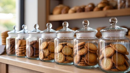 Assorted cookies in glass jars on a bakery counter.