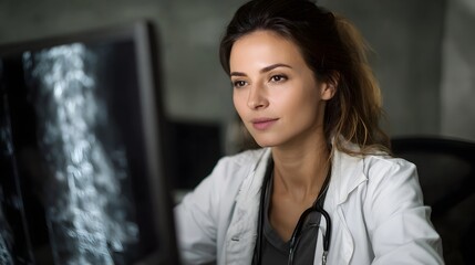 A focused female doctor examines a spinal column MRI on a computer screen in a dimly lit medical office