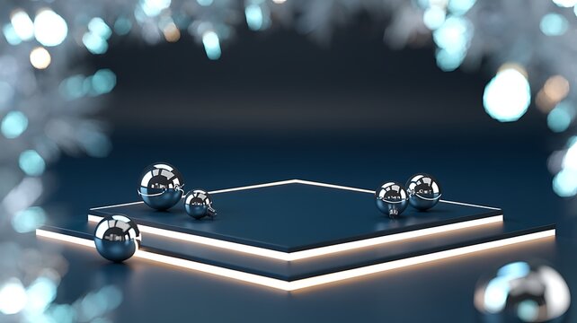 Modern Display Platform with Chrome Spheres and Blue Lighting geometric metallic balls - Powered by Adobe
