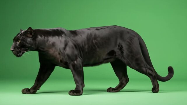 A sleek black panther walks left across the frame against a solid green background, showcasing its muscular build and glossy fur.