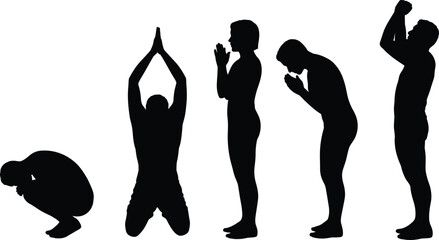 Silhouette meditation prayer poses, spiritual yoga sequence, mindfulness practice, religious devotion, human figure illustration, black silhouette posture, wellness 