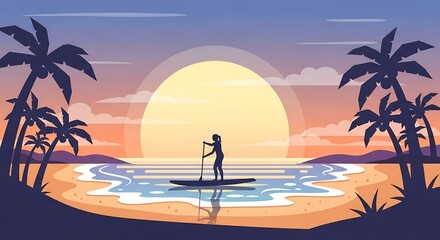 Sunset Paddleboarding Tropical Beach.
