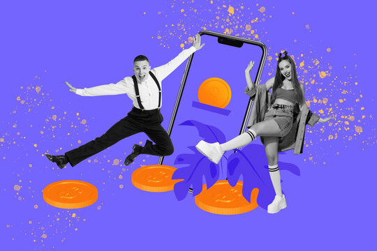 Image trendy art banner collage of two happy businessman businesswoman stand tablet bitcoin coin income golden penny success - Powered by Adobe