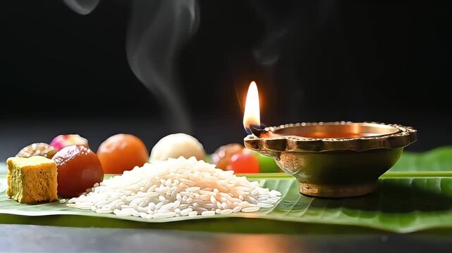 Traditional Jagaddhatri Puja ritual with spiritual diya light, sacred rice, and various sweets offering on a banana leaf, depicting Hindu devotion