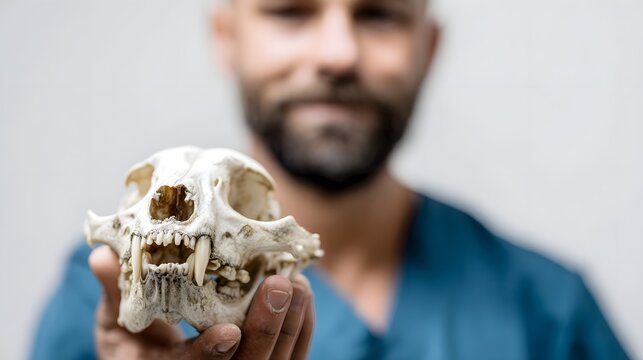 Close up of a veterinary professional holding an animal skull focusing on its sharp teeth and intricate bone structure