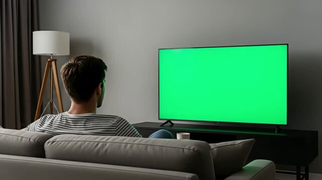 Living room scene with viewer watching green screen tv for mockup