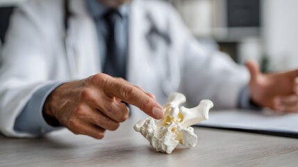 A physician uses a 3D spine model to explain anatomy during a medical consultation and patient discussion