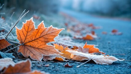 Early Winter Frost on Orange Autumn Leaves Border, Seasonal Transition, Cool Blue Background