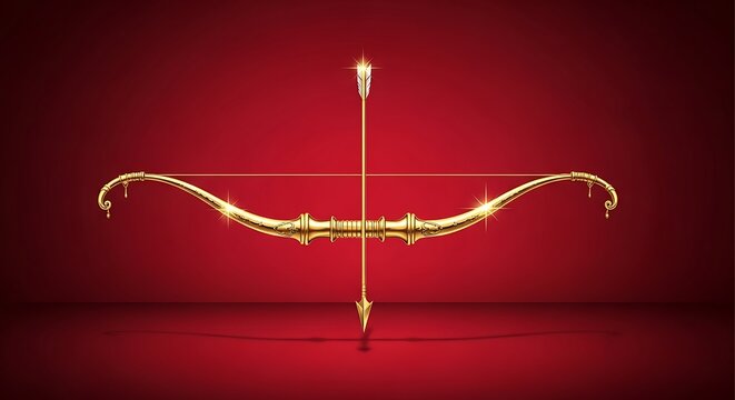 Golden bow and arrow on a red background with a spotlight effect