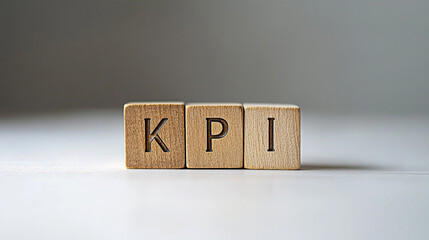 Minimalist scene with wooden blocks spelling "KPI" on a bright white table, symbolizing key performance indicators, savings, healthcare, and investment in a clean, modern setting.
