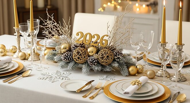 Elegant New Year's Eve Table Setting with Golden Accents and Festive Decorations