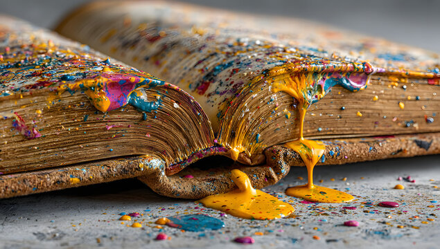 Open book with vibrant paint splashes