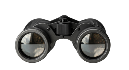 Black Binoculars on Dark Background with Reflected Outdoor Scene in Lenses