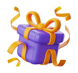 3d render icon cartoon gift box with ribbon and confetti isolated on transparent background