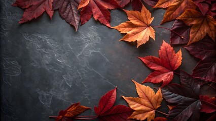 Deep Red and Burnt Orange Autumn Leaves Border on Charcoal Textured Background