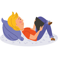 Blonde Haired Person Relaxing On A Purple Pillow And White Shaggy Rug Holding A Black Tablet Device And Wearing An Orange Shirt And Blue Jeans