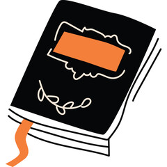 Black Open Book With Orange Rectangle And White Swirls On Transparent Background And Orange Bookmark
