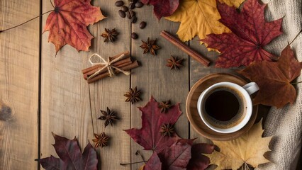 Cozy Autumn Flatlay with Coffee, Cinnamon Sticks, and Fall Leaves on Warm Wooden Background