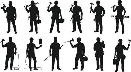 Black outline icons of construction vehicles, bulldozers, tractors, excavators, dump trucks, industrial heavy machinery for engineering, architecture, transport, and building design projects