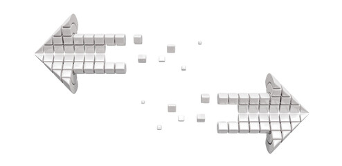 Two opposing white arrows, created from a collection of sleek, geometric components. Side view, isolated on a transparent background. 3D illustration