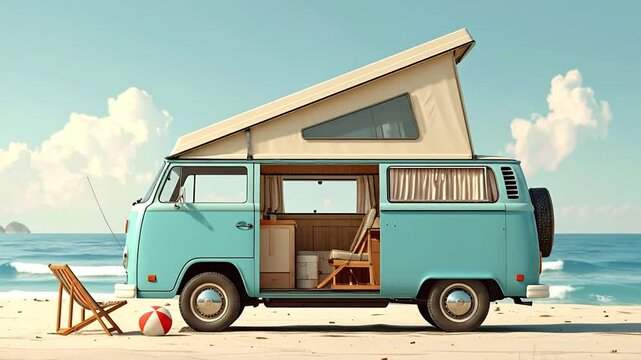 Vintage camper van parked on a beach with chairs and the ocean in the background, perfect for a summer getaway