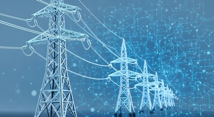 Abstract digital network of glowing power lines and transmission towers