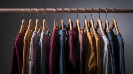 hangers. Colorful clothing arranged on wooden hangers in soft rainbow tones, minimalist studio setting. lifestyle magazines, social media lookbooks, designed for influencer and brand collaborations.