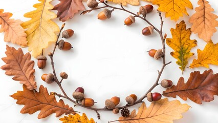 “Autumn Leaves Wreath with Acorns and Twigs, Circular Fall Border Isolated on White Background