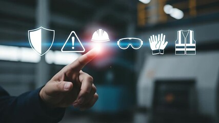 Industrial safety interface with ppe icons and hazard warning