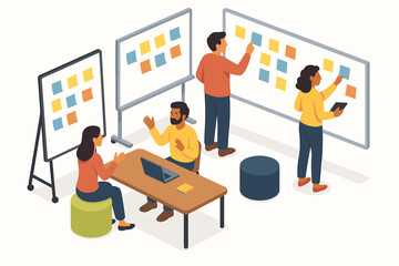 Diverse team collaborating in office setting with sticky notes and laptops