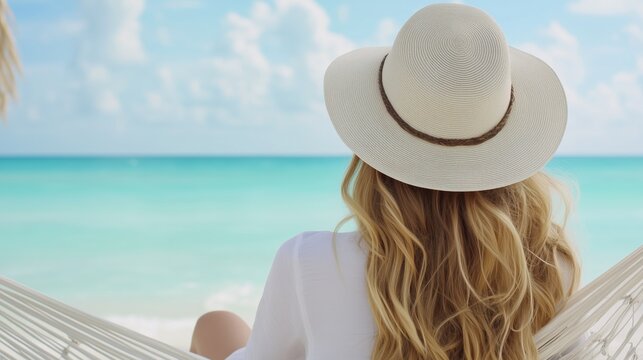 Young woman relaxing on a hammock overlooking tropical beach serenity